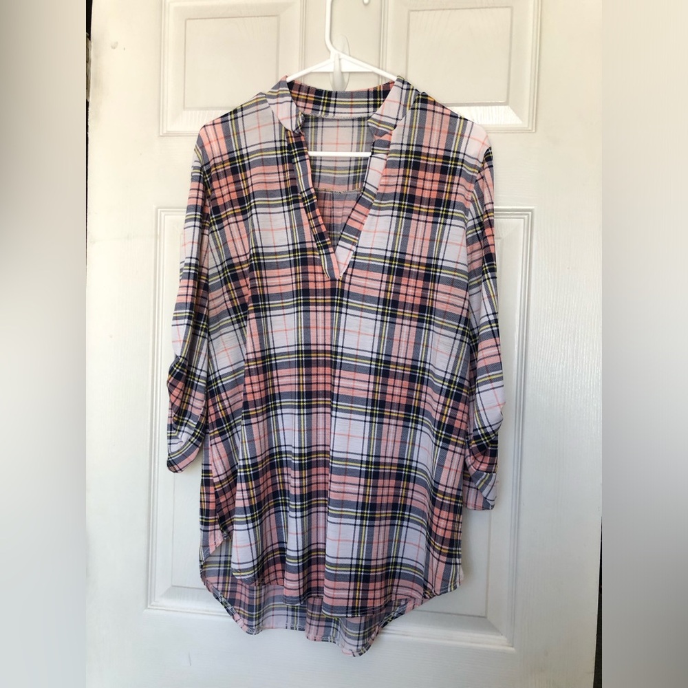 Peach and Navy blue Plaid Women's Top